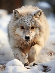 Obraz premium Portrait of a snow-covered wolf in the winter