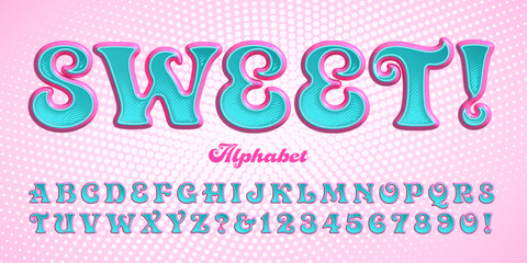 Sweet is a layered alphabet in bright candy colors, with 3d effects and crosshatch details. © Mysterylab
