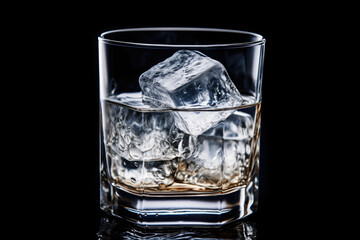 Macro view of a glass of clear water with a single ice cube.