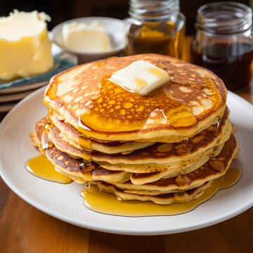 A Scrumptious Stack of Buttermilk Pancakes Drizzled with Maple Syrup