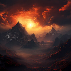 Dramatic sunset over a mountain range.