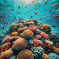 Fototapeta na wymiar A stunning close-up photo of beautiful corals with many small fishes under the sea of Maldives. The image showcases a variety of colorful corals