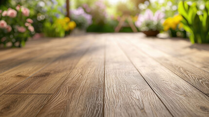 New brown matte oak texture laminate flooring, blurred spring garden background, macro shot, focus on laminate flooring. - obrazy, fototapety, plakaty