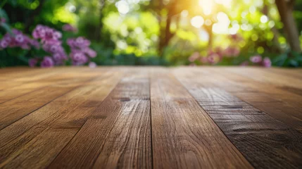 Fotobehang New brown matte oak texture laminate flooring, blurred spring garden background, macro shot, focus on laminate flooring. © ImageHeaven