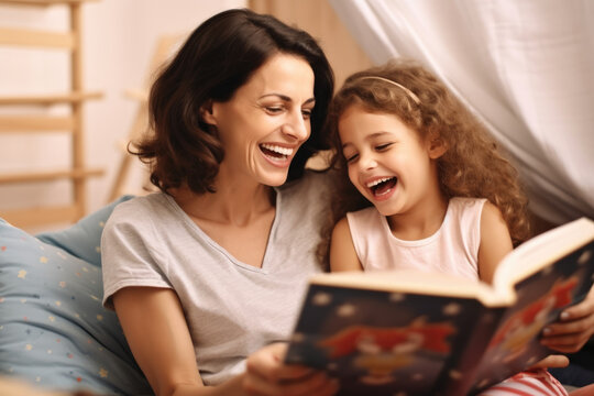 A preschool girl and her mom share joyful smiles while reading a storybook together, strengthening their connection.