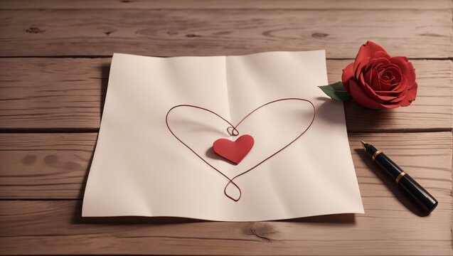 perfect romantic image for Valentine's Day showing a small red heart on a blank paper, accompanied by fresh red roses on a rustic wooden table