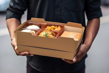 Delivery man holding take away food in cardboard box. Food delivery concept.