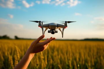 drone in hand on the background of a wheat field and blue sky