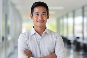 Portrait of happy young Asian businessman with arms crossed standing in office