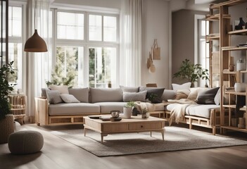 Scandinavian style interior apartment Living room design with boho natural wooden furniture with big windows