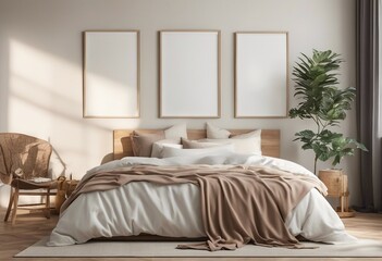 Fototapeta na wymiar Three vertical frame mockup in boho bedroom interior with wooden floor and white bed Beige blanket on bed