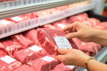 A customer's hand holding a package of beef