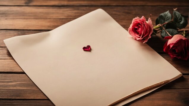 perfect romantic image for Valentine's Day showing a small red heart on a blank paper, accompanied by fresh red roses on a rustic wooden table