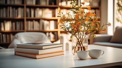 Still life with books and flowers - obrazy, fototapety, plakaty