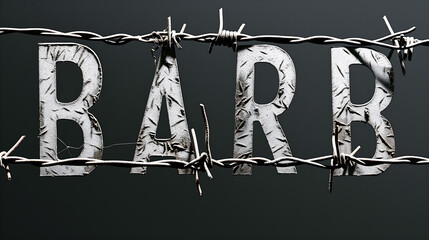 Rusted metal 'BARB' letters wrapped in barbed wire isolated on a dark background