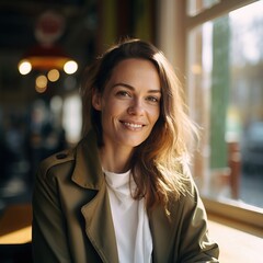 Obraz premium Portrait of a smiling young woman sitting by the window