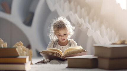 Smart child reading a book in the library. Close-up of a reading child. - obrazy, fototapety, plakaty
