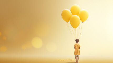 International Childhood Cancer day (ICCD) support for children and adolescents with cancer. Child among yellow balloons, yellow color symbol of the Problem of childhood cancer.