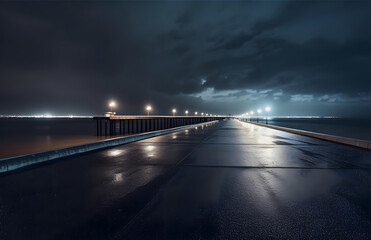Fototapeta na wymiar Night city view and bridge in dark atmosphere