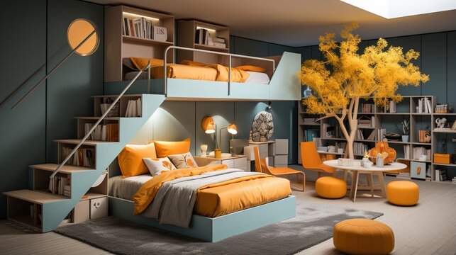 A modern bedroom with a tree and a loft bed