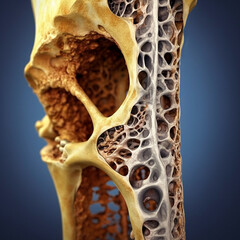 The femur and bone tissue are fragile with decreased bone density.