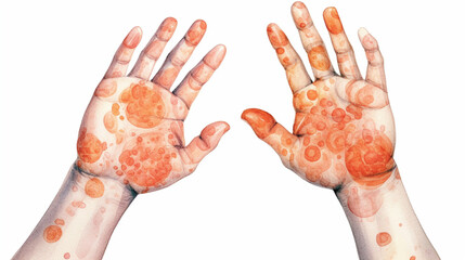 The hands are colored with orange and purple spots. Symbol of Psoriasis Day. Also a symbol of friendship and trust. Happy Friendship Day. Hand drawing colorful watercolor hand.