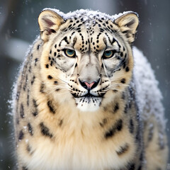 Snow leopard close-up in snowy mountains. An endangered animal species listed on the IUCN Red List.