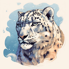 Snow leopard drawn style close-up on a white background. International Snow Leopard Day.