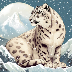 Snow leopard close-up in snowy mountains. An endangered animal species listed on the IUCN Red List.