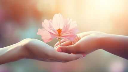 World Kindness Day banner, November 13th. Hand holding a flower with blurred colorful background. - obrazy, fototapety, plakaty