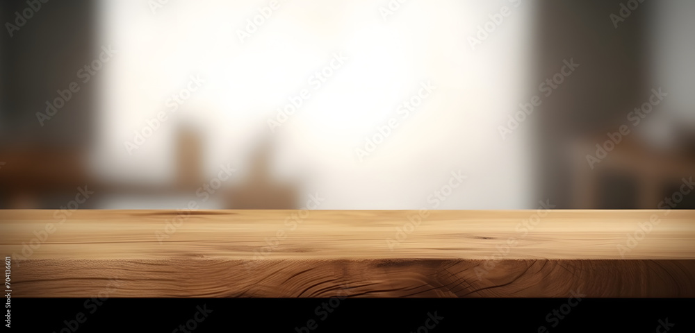 Poster light wood table top on blur white gray abstract background - can be used for display or montage you