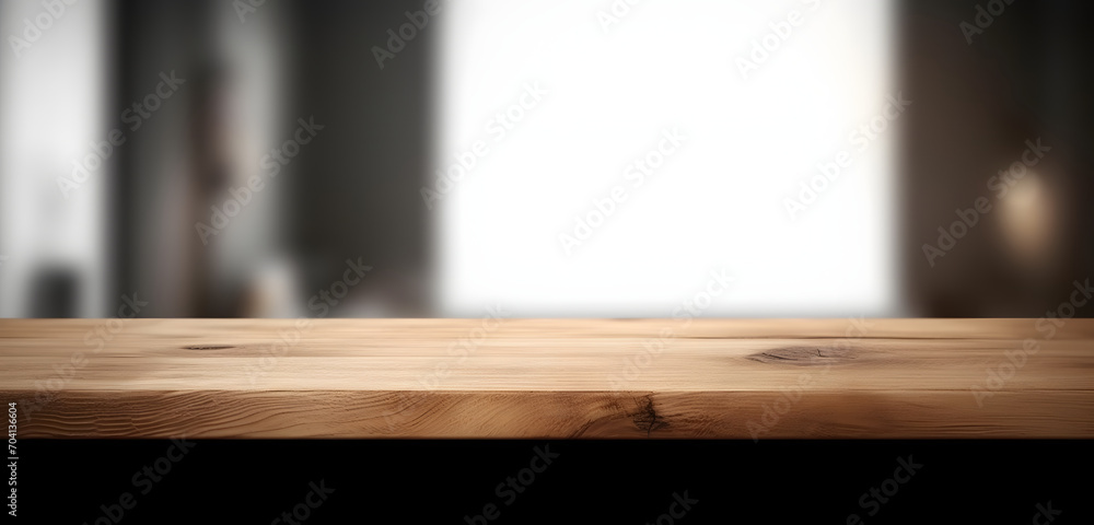 Poster light wood table top on blur white gray abstract background - can be used for display or montage you