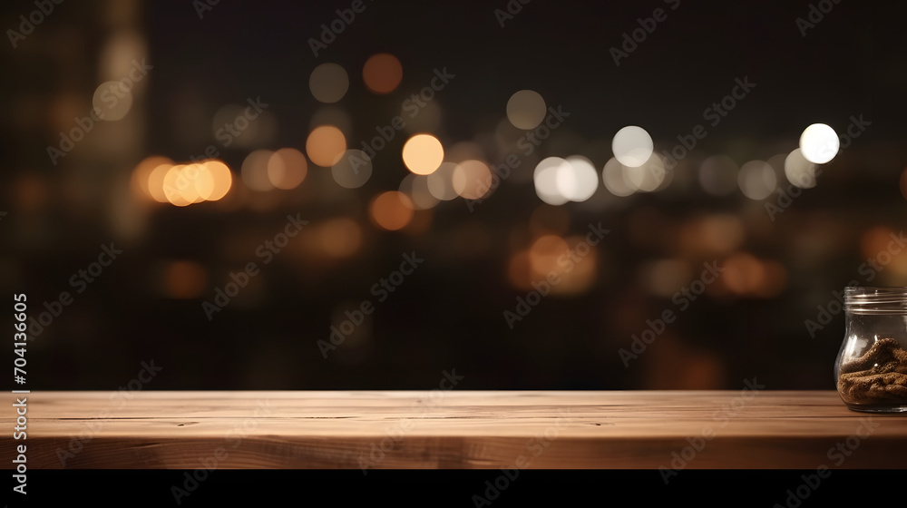 Poster Empty dark wooden table in front of abstract blurred bokeh background of restaurant . can be used for display or montage your products.Mock up for space