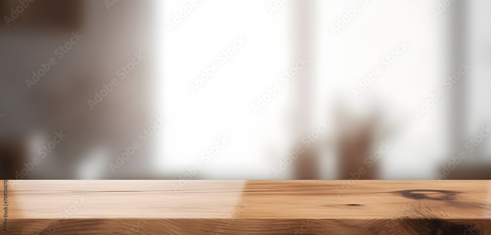 Poster light wood table top on blur white gray abstract background - can be used for display or montage you