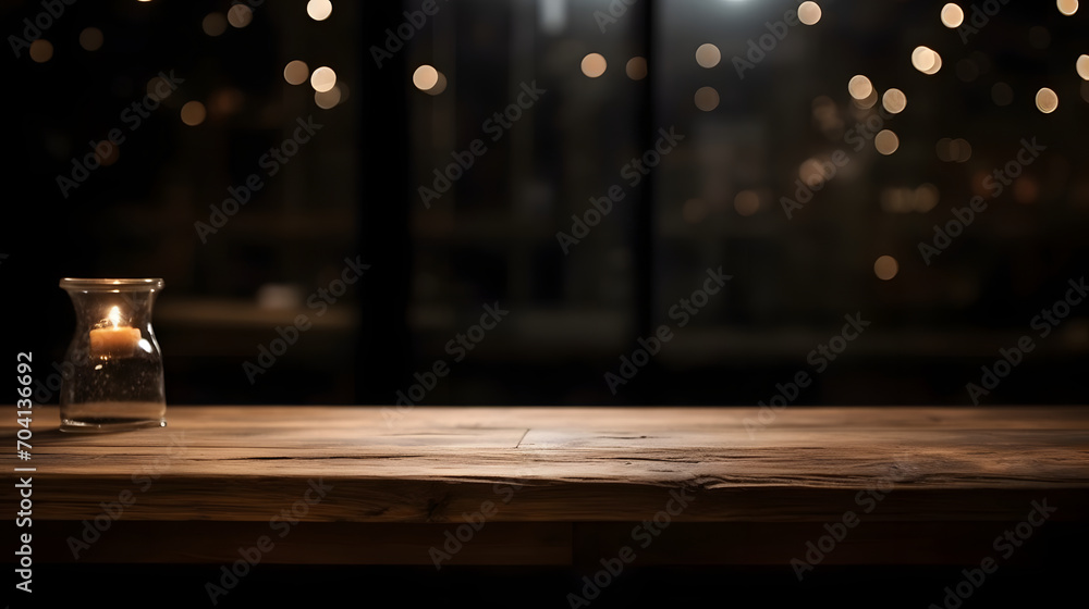 Poster empty dark wooden table in front of abstract blurred bokeh background of restaurant . can be used fo