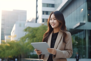 Fototapeta premium business woman using digital tablet in the city, asian beauty.
