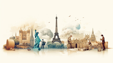 Famous tourist destinations, Eiffel Tower, Statue of Liberty, cathedrals and churches. Travel concept by countries. - obrazy, fototapety, plakaty