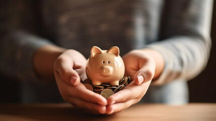 A man holds coins and a piggy bank in his hands. Pig piggy bank with gold coins pile.  Concept of saving money and using saved money wisely - obrazy, fototapety, plakaty