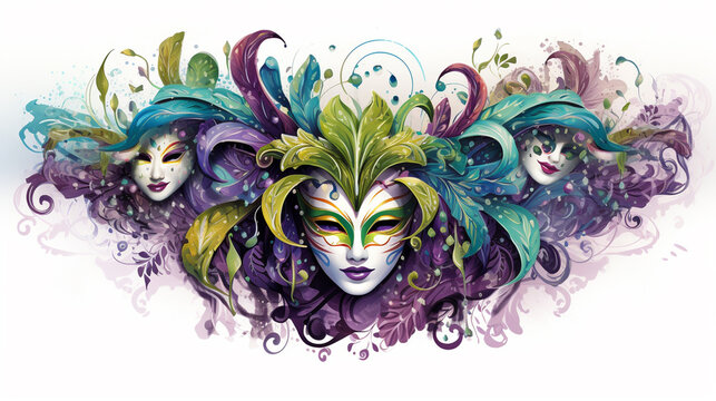 Carnival style, multi-colored masks with multi-colored plumage on white.