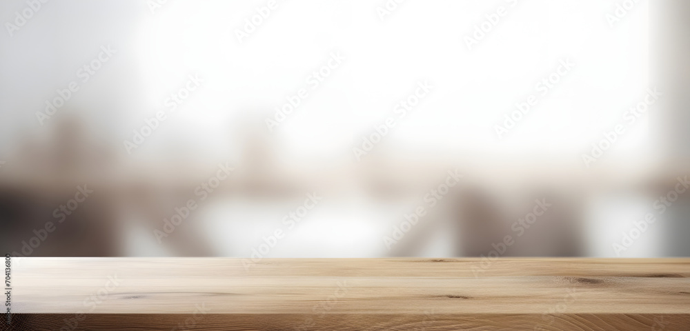Poster light wood table top on blur white gray abstract background - can be used for display or montage you