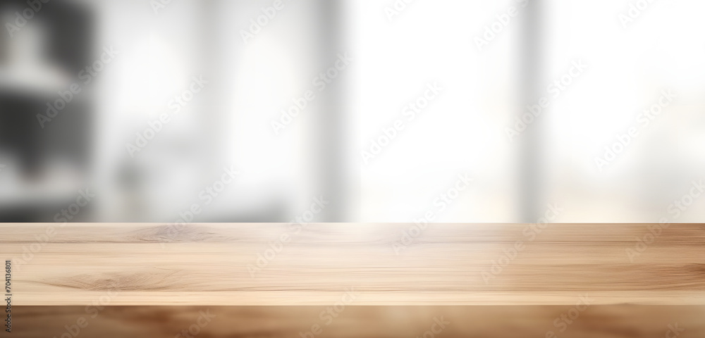 Poster light wood table top on blur white gray abstract background - can be used for display or montage you