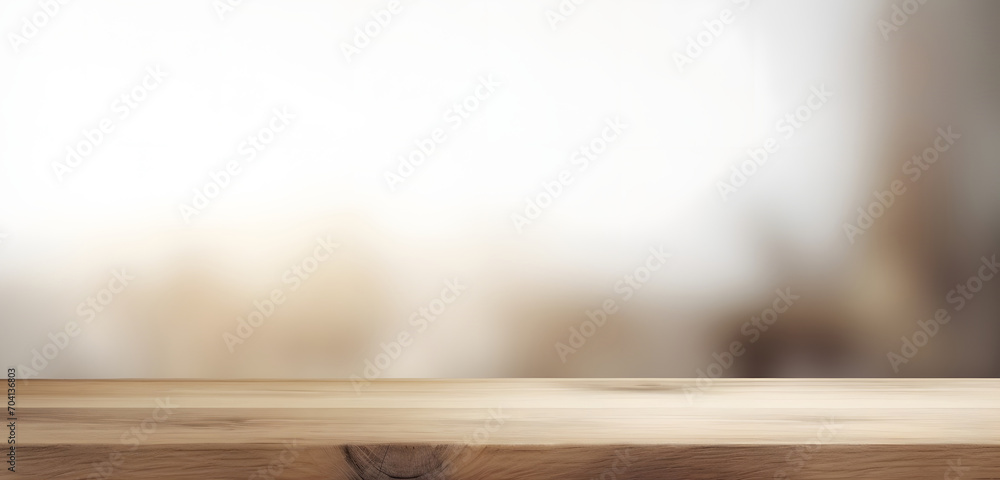 Poster light wood table top on blur white gray abstract background - can be used for display or montage you