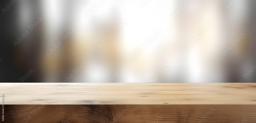 Poster light wood table top on blur white gray abstract background - can be used for display or montage you