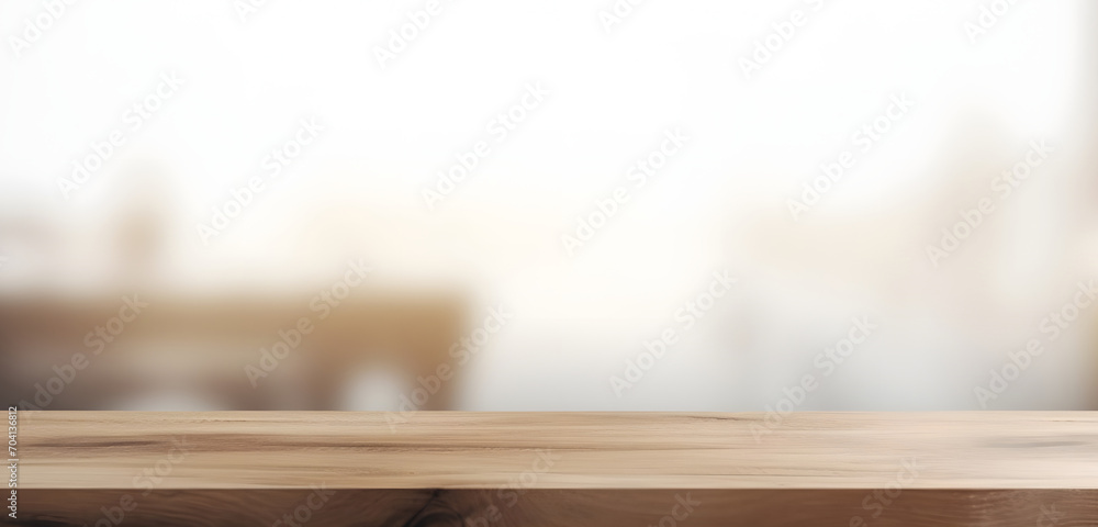 Poster light wood table top on blur white gray abstract background - can be used for display or montage you