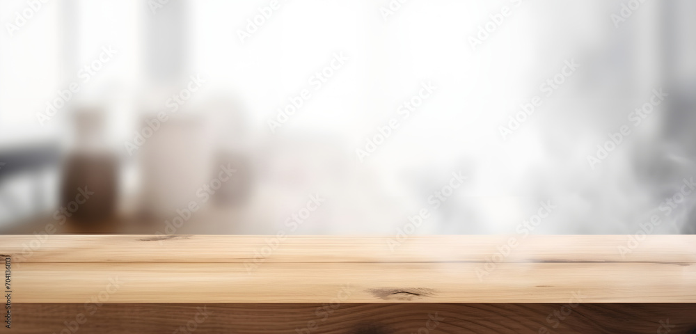 Poster light wood table top on blur white gray abstract background - can be used for display or montage you