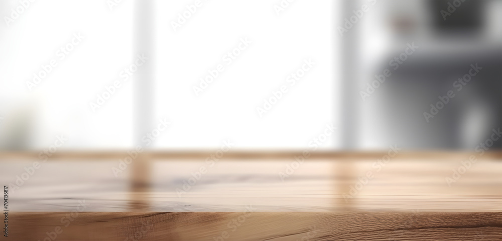 Poster light wood table top on blur white gray abstract background - can be used for display or montage you