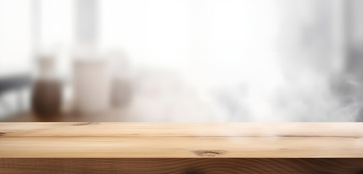 Light wood table top on blur white gray abstract background - can be used for display or montage your products