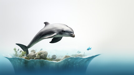 Dolphin in habitat, marine ecosystem. World marine mammal protection day simple image on white background.