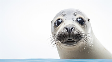 Cute seal close up view direct, minimalistic image with space for advertising. World marine mammal protection day simple image on white background. - obrazy, fototapety, plakaty
