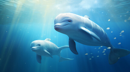 Fototapeta premium A couple of dolphins with splashes of water. World marine mammal protection day simple image on white background.